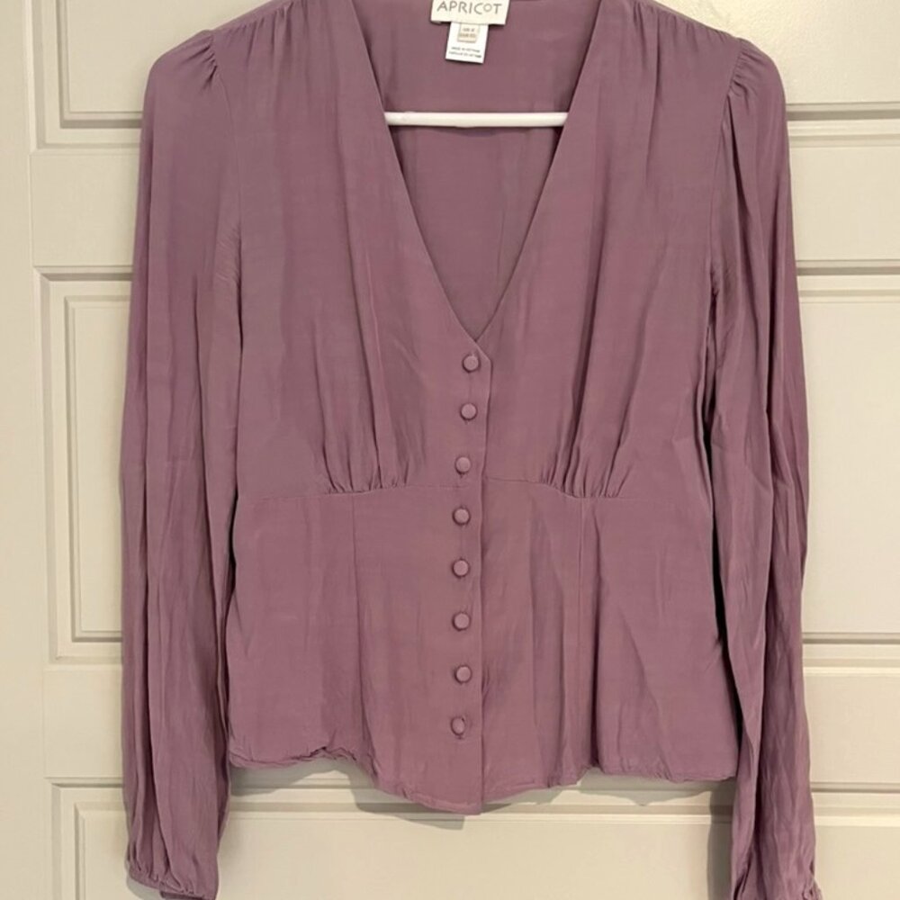 Apricot Blouse Women's Size 2 Purple Button-Up V-Neck Puff Sleeve Blouse
